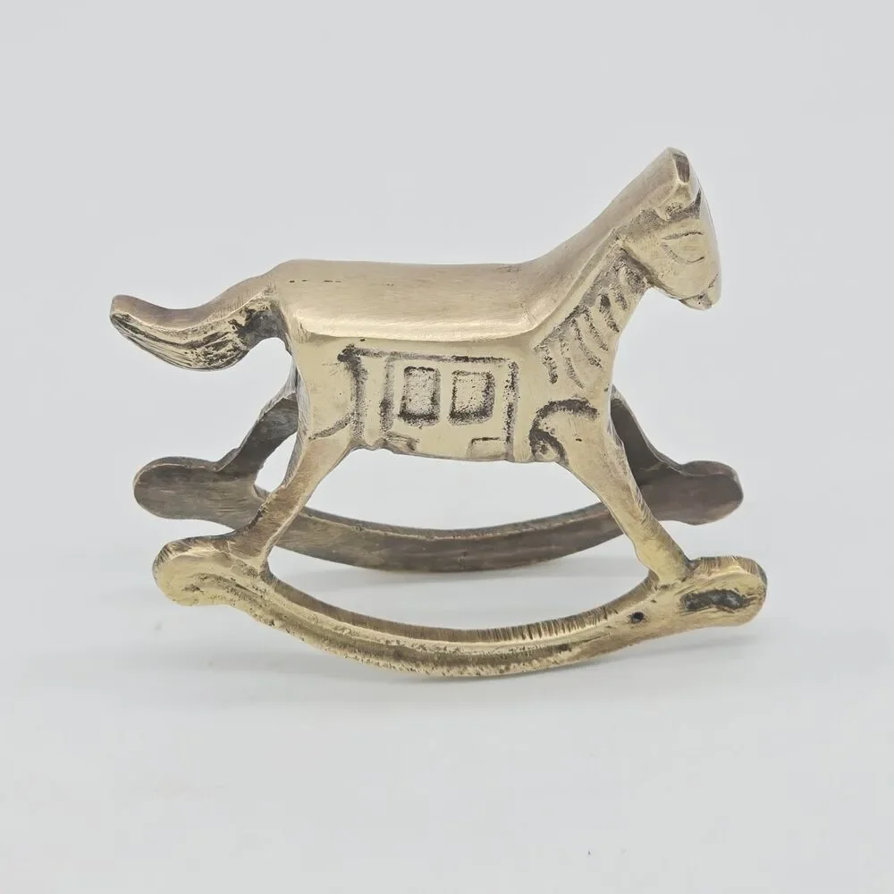 Vintage Solid Brass Rocking Horse 3” Figurine Tail Out Figure Home Decor